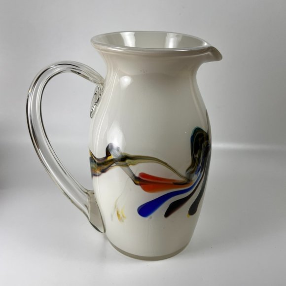 Vtg Dalian Snowflake Color Swirl Glass Pitcher Jug Art Glass MCM Collectible - Picture 5 of 16